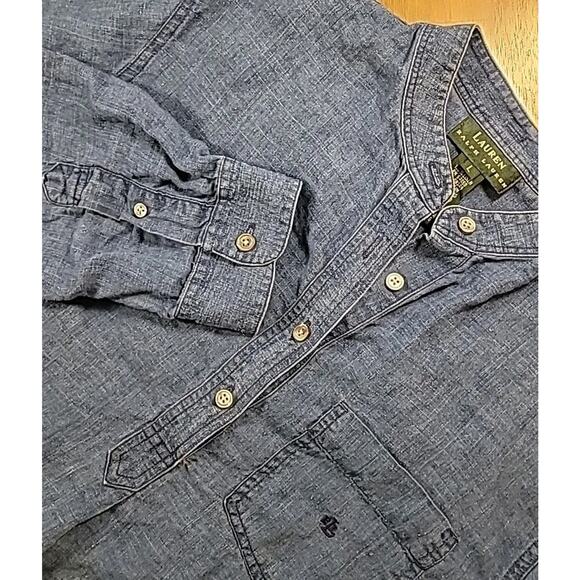 Lauren Ralph Lauren Blue Chambray Linen Blouse L 1/2 Button EUC - Picture 1 of 9